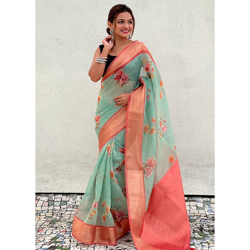 Sea Green Spun Silk Saree With Blouse Piece - JD986605314