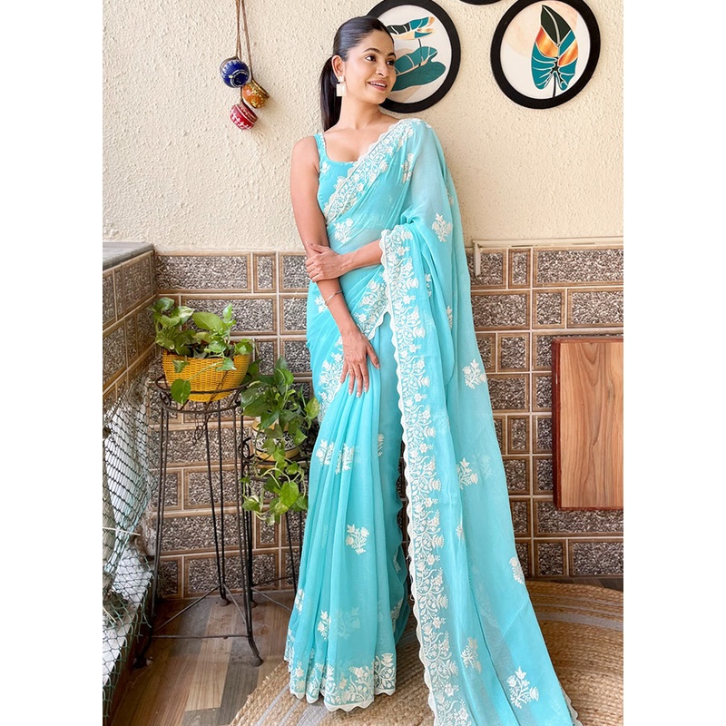 Sky Blue Spun Silk Saree With Blouse Piece - JD986605484