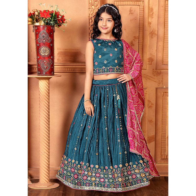 Teal Silk Sequance Embroidery Work Lehenga With Dupatta - JD986605306