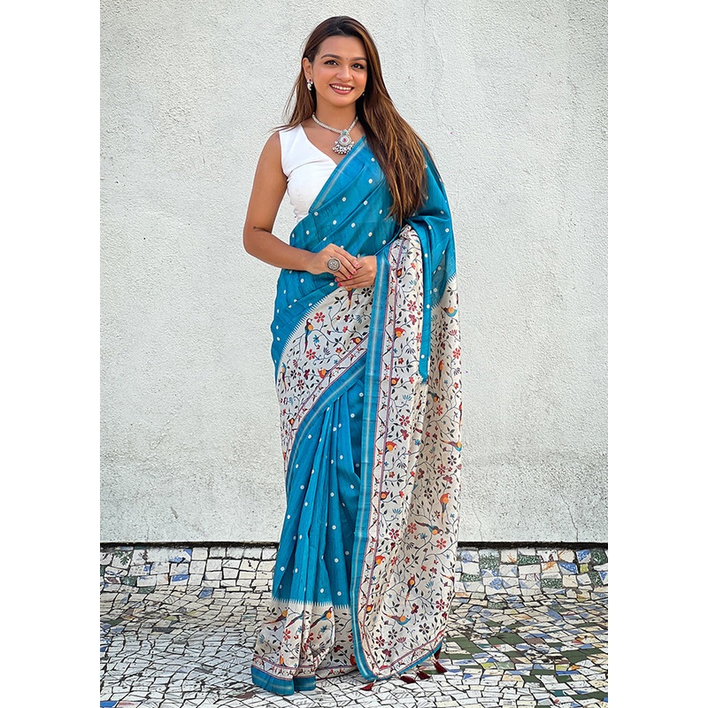 Turquoise Spun Silk Saree With Blouse Piece - JD986605483