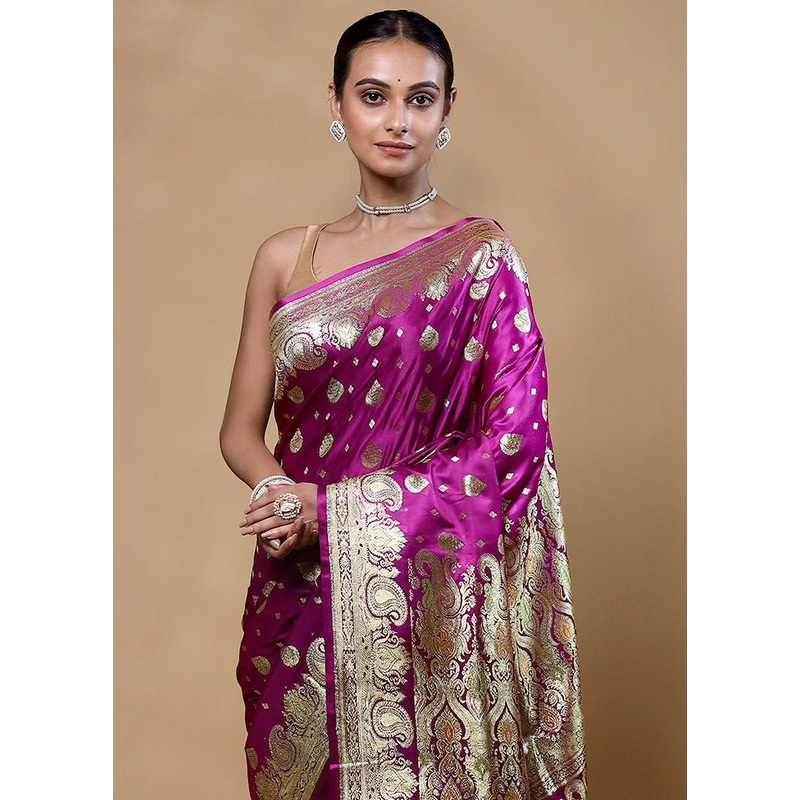 Violet Banarasi Silk Saree With Blouse Piece - JD986605328