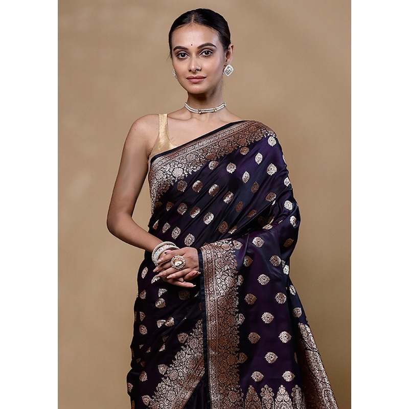 Violet Banarasi Silk Saree With Blouse Piece - JD986605329