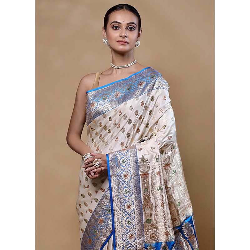 White Banarasi Silk Saree With Blouse Piece - JD986605327