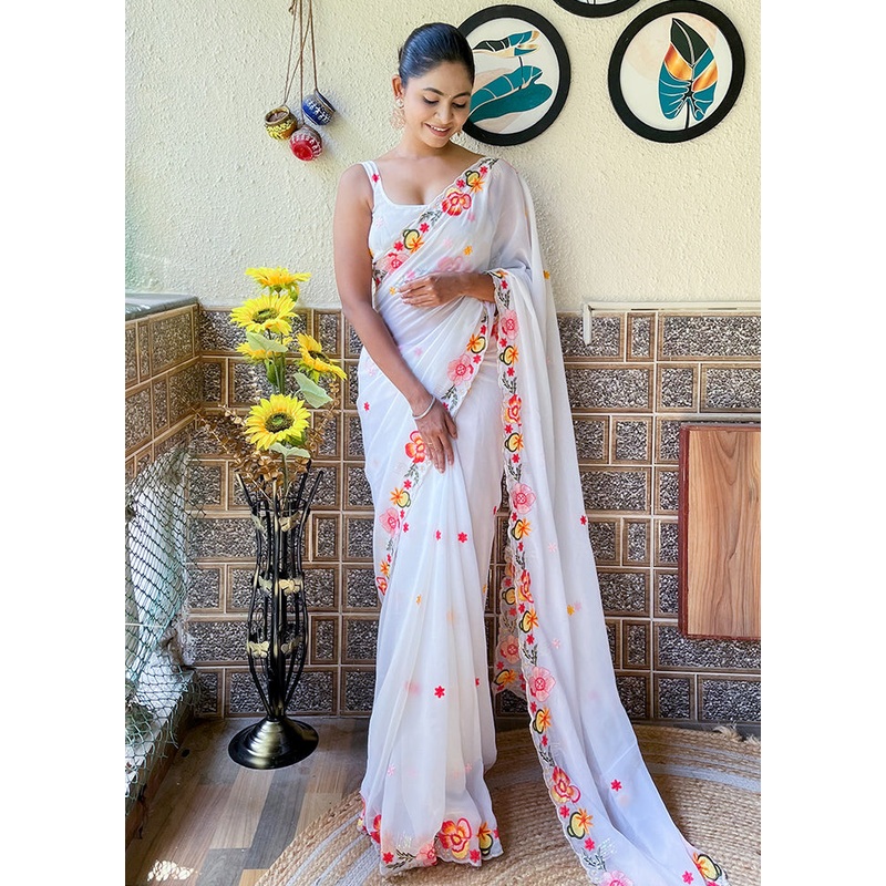 White Georgette Saree With Blouse Piece - JD986605482