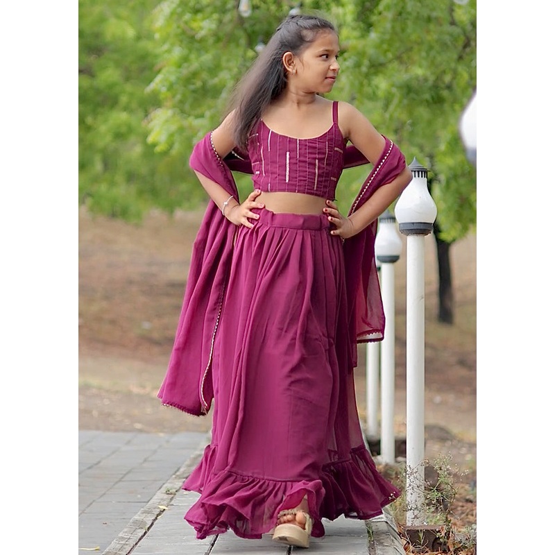 Wine Blended Georgette Digital Printed Work Lehenga With Dupatta - JD986605305