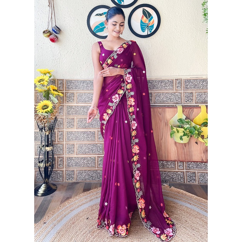 Wine Georgette Saree With Blouse Piece - JD986605481