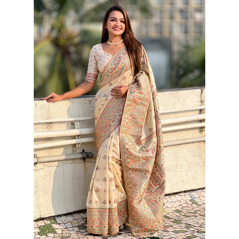 Yellow Pasmina Silk Saree With Blouse Piece - JD986605478
