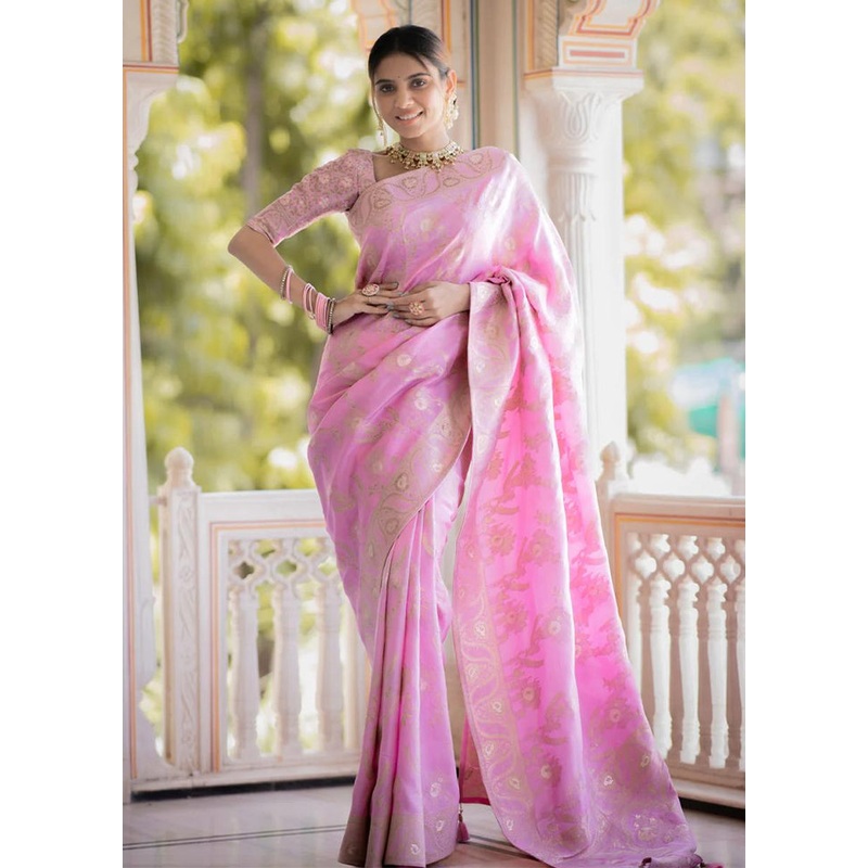 Baby Pink Banarasi Silk Saree With Blouse Piece - JD986605230