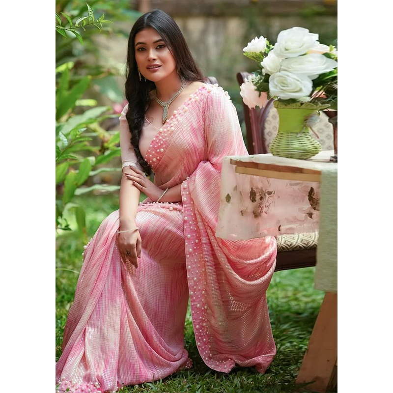 Baby Pink Georgette Saree With Blouse Piece - JD986605228