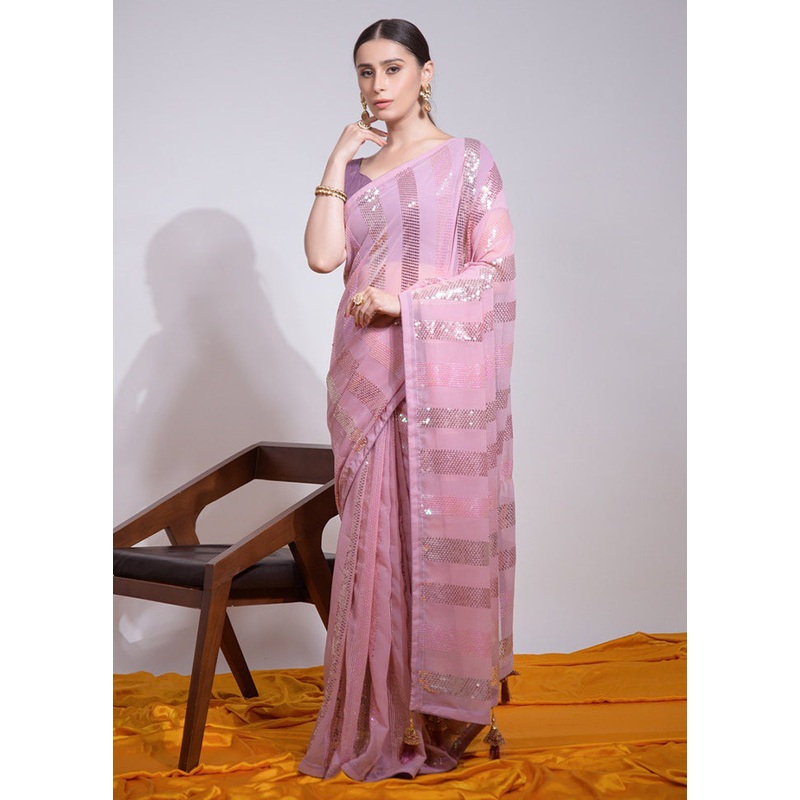 Baby Pink Georgette Saree With Blouse Piece - JD986605229