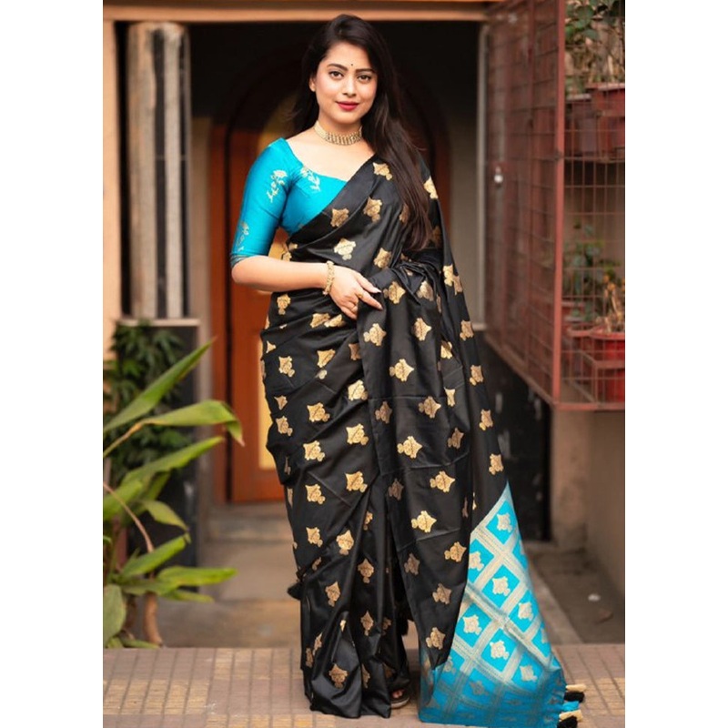 Black Banarasi Silk Saree With Blouse Piece - JD986605211