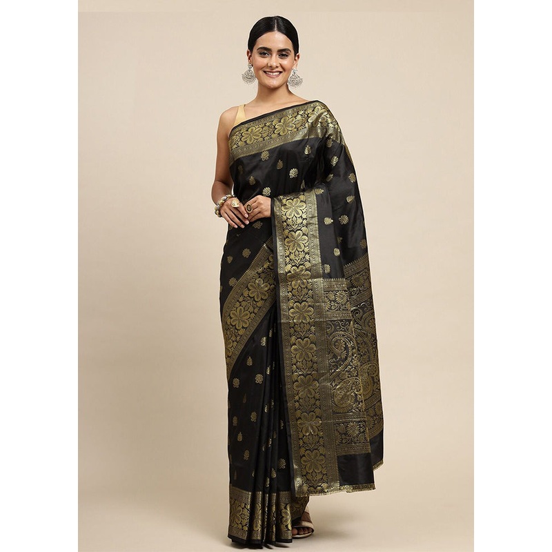 Black Banarasi Silk Saree With Blouse Piece - JD986605213