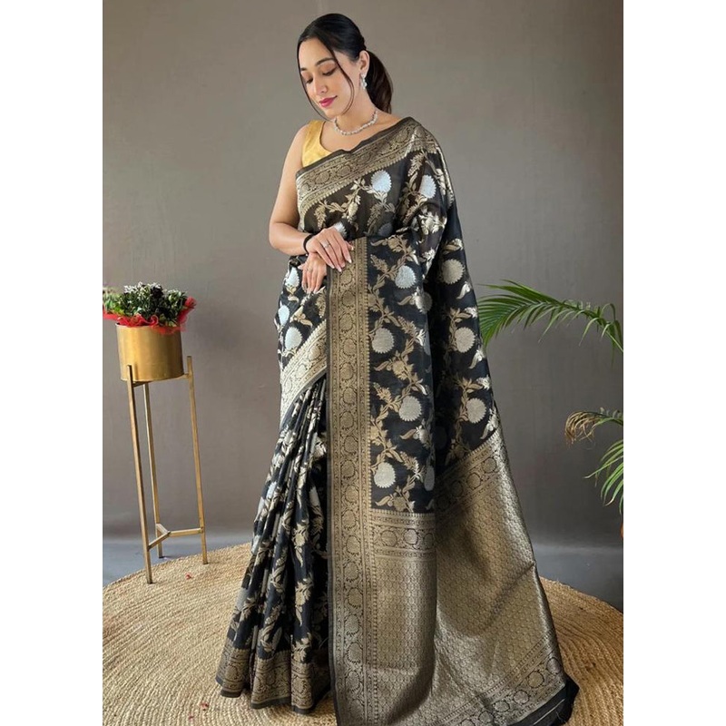 Black Banarasi Silk Saree With Blouse Piece - JD986605214