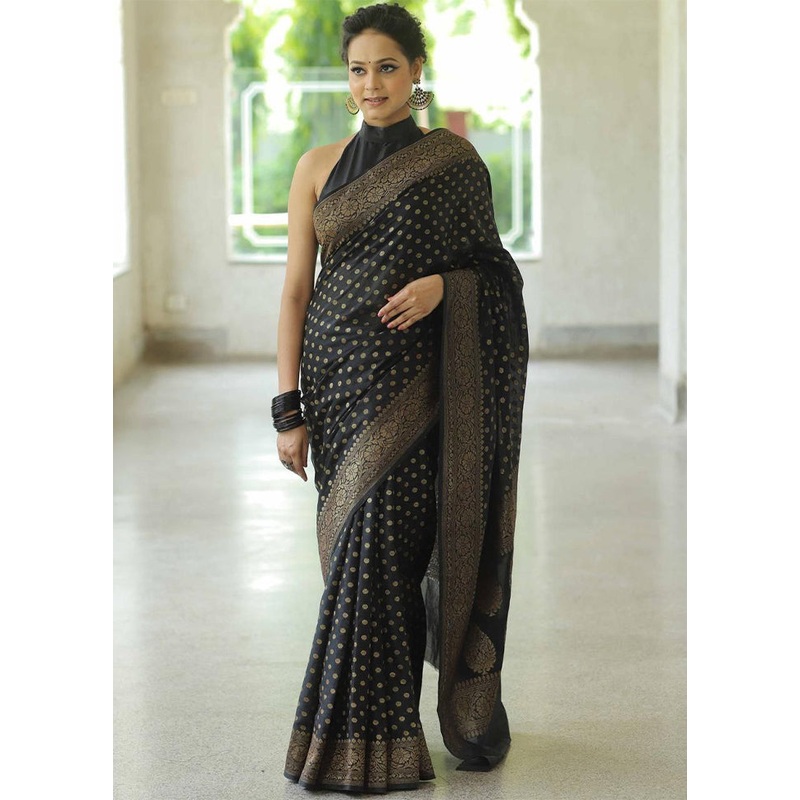 Black Banarasi Silk Saree With Blouse Piece - JD986605215