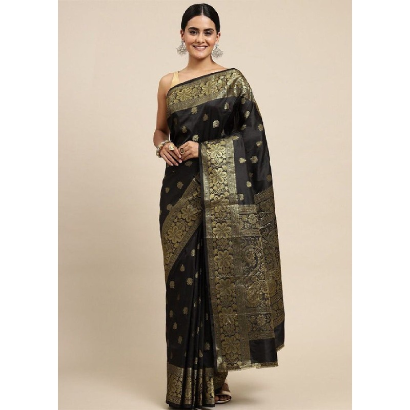 Black Banarasi Silk Saree With Blouse Piece - JD986605216