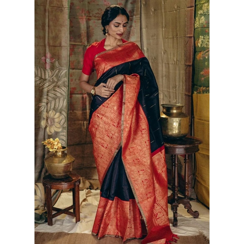 Black Banarasi Silk Saree With Blouse Piece - JD986605217
