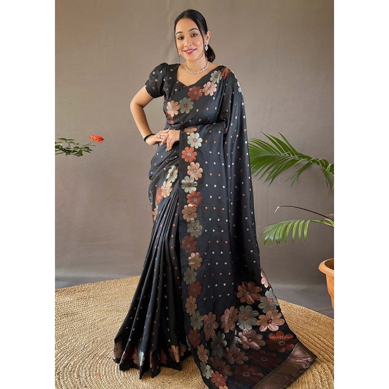 Black Banarasi Silk Saree With Blouse Piece - JD986605218