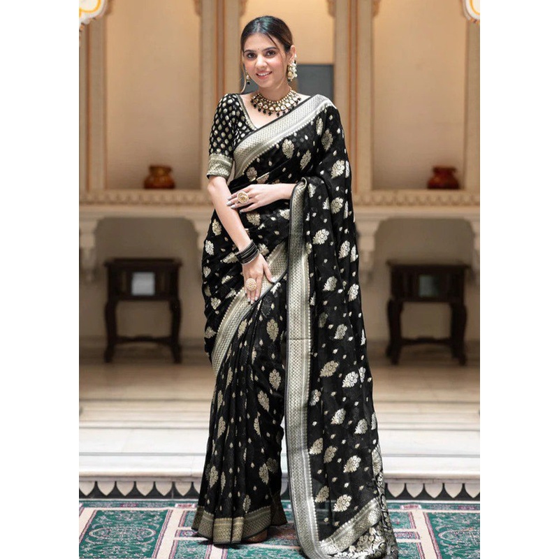 Black Banarasi Silk Saree With Blouse Piece - JD986605219