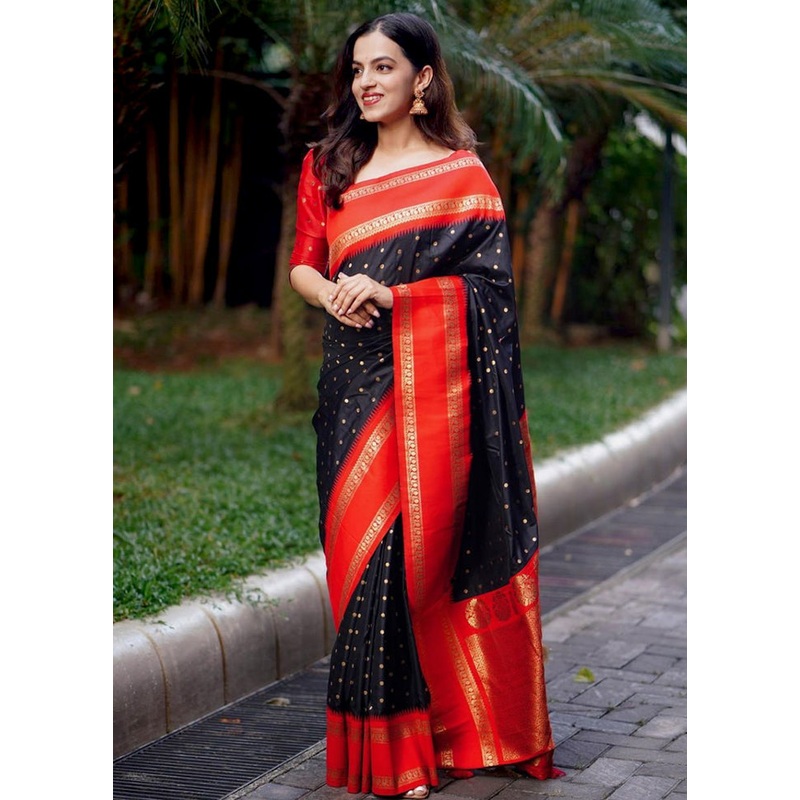 Black Banarasi Silk Saree With Blouse Piece - JD986605221