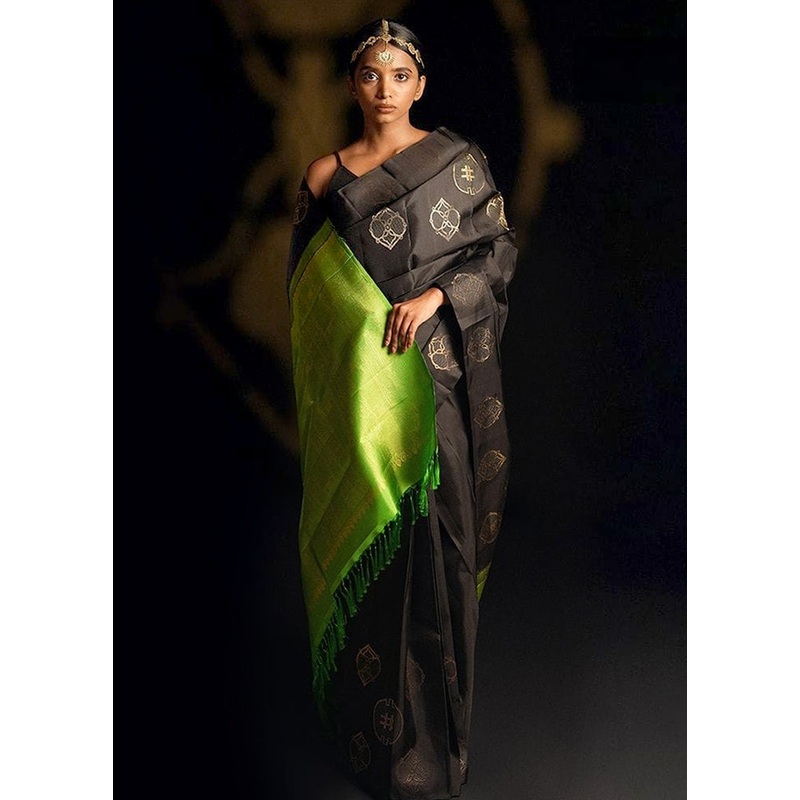 Black Banarasi Silk Saree With Blouse Piece - JD986605222