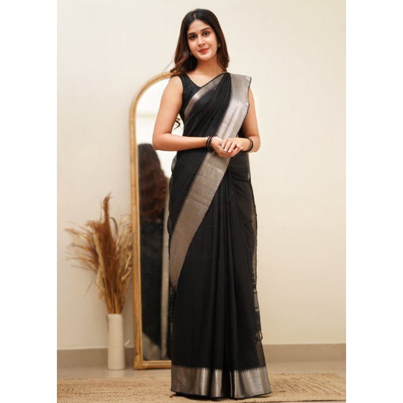Black Banarasi Silk Saree With Blouse Piece - JD986605224