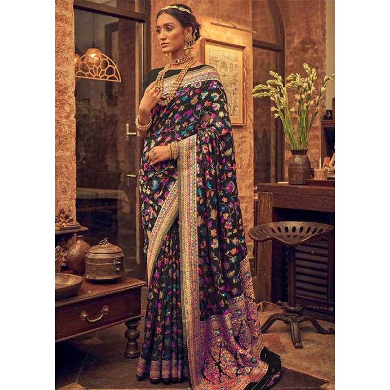 Black Banarasi Silk Saree With Blouse Piece - JD986605225
