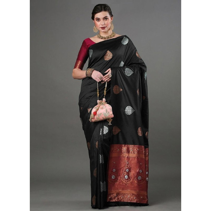 Black Banarasi Silk Saree With Blouse Piece - JD986605227