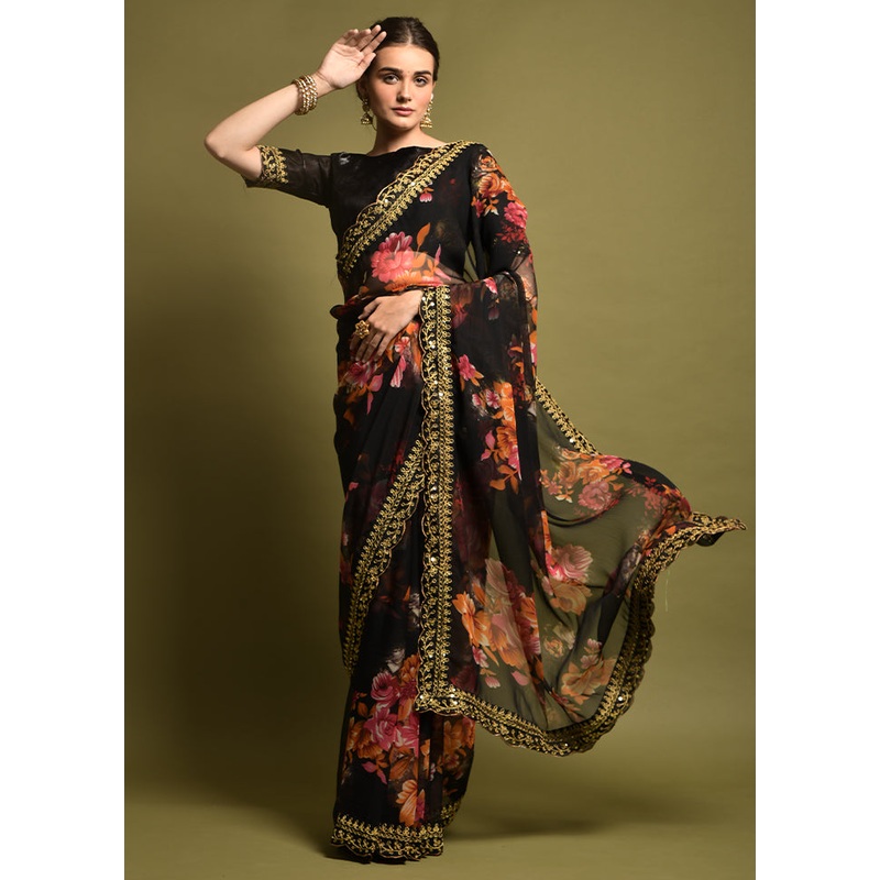 Black Chiffon Silk Saree With Blouse Piece - JD986605210