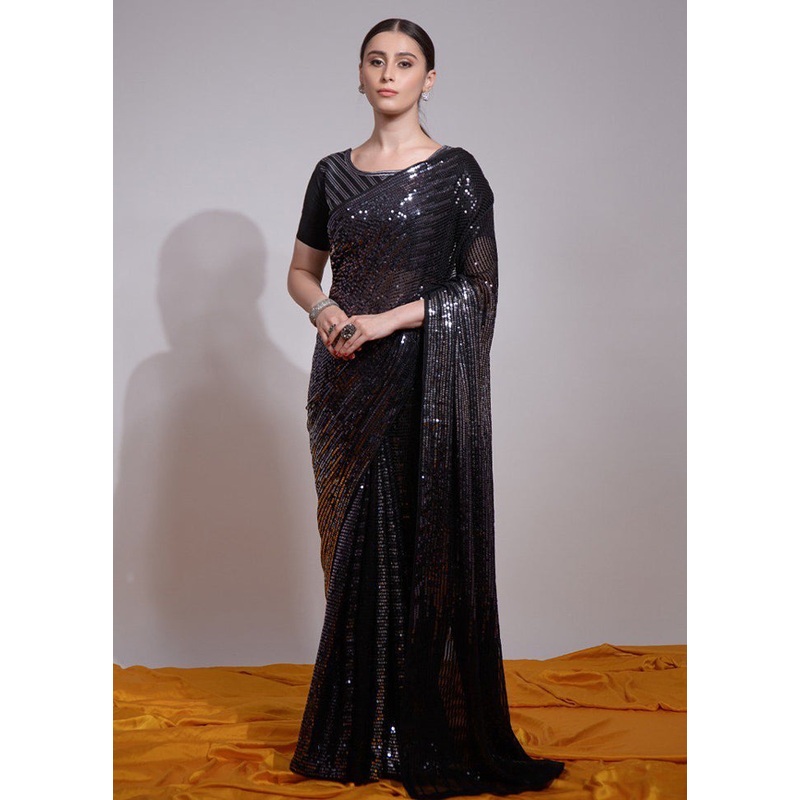 Black Georgette Saree With Blouse Piece - JD986605206