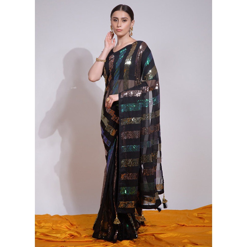 Black Georgette Saree With Blouse Piece - JD986605207