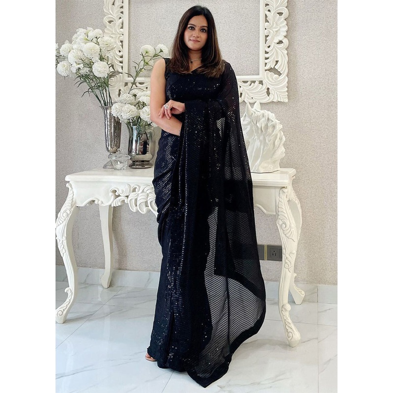 Black Georgette Saree With Blouse Piece - JD986605208