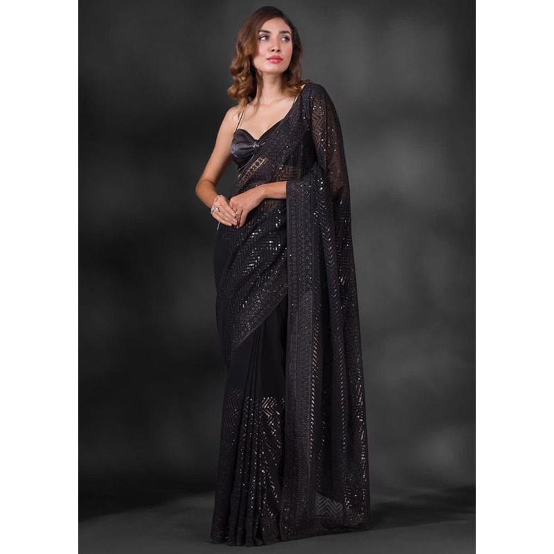 Black Georgette Saree With Blouse Piece - JD986605209