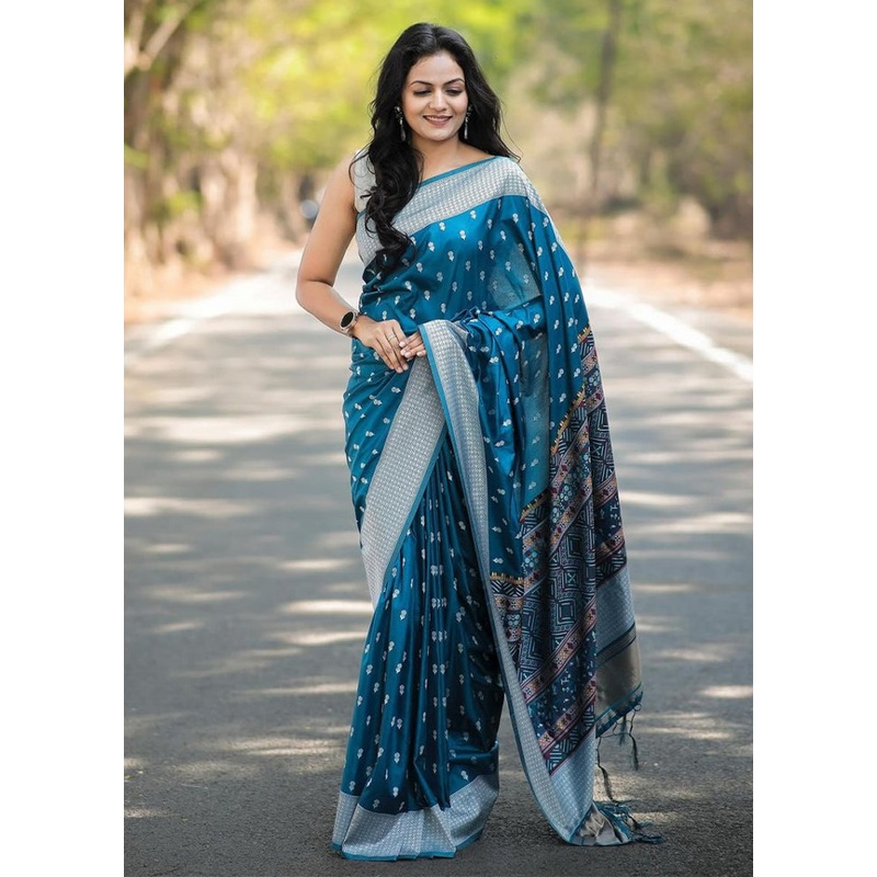 Blue Banarasi Silk Saree With Blouse Piece - JD986605199