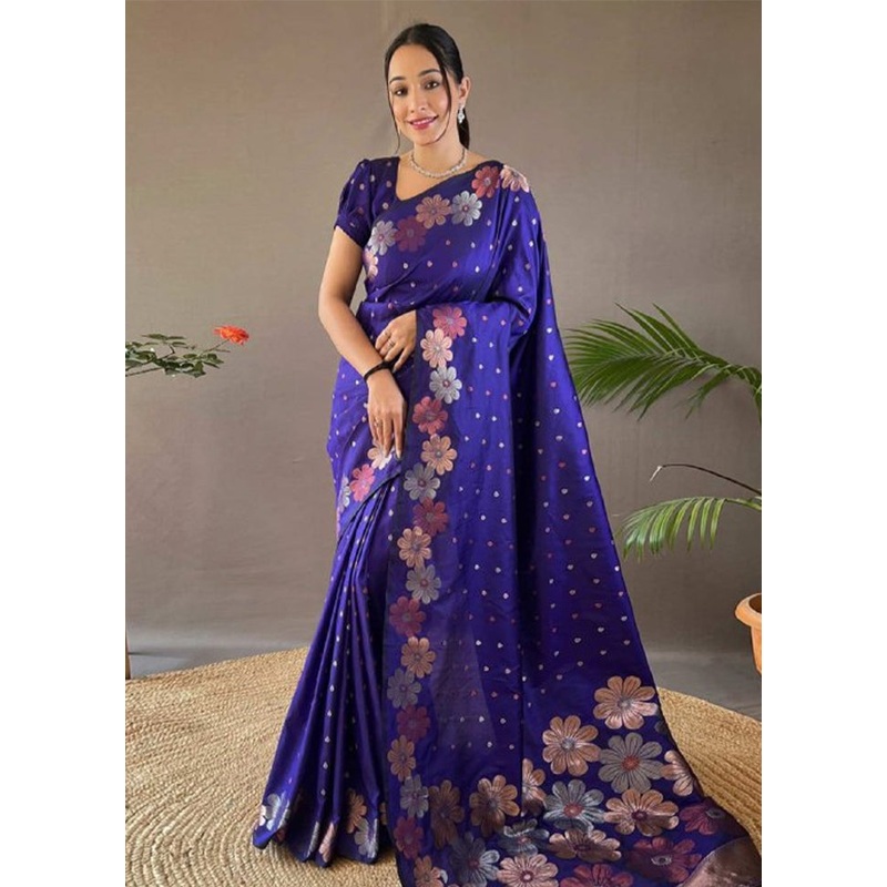 Blue Banarasi Silk Saree With Blouse Piece - JD986605200