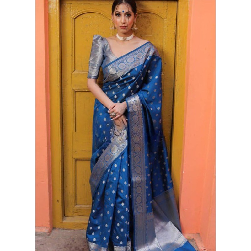 Blue Banarasi Silk Saree With Blouse Piece - JD986605202