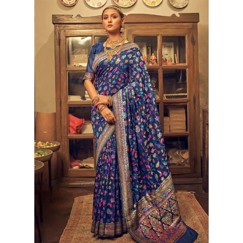 Blue Banarasi Silk Saree With Blouse Piece - JD986605203