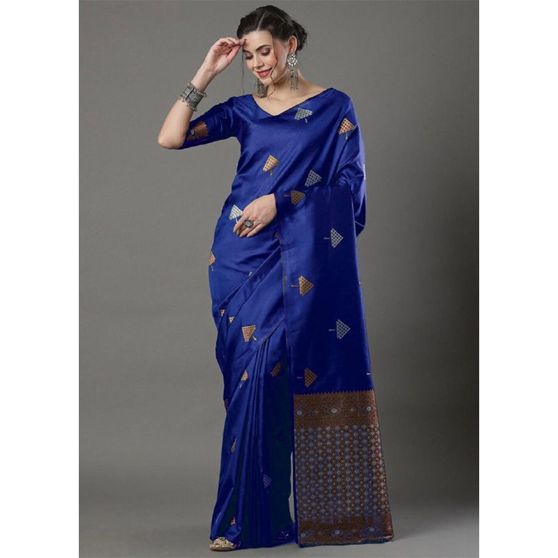 Blue Banarasi Silk Saree With Blouse Piece - JD986605204