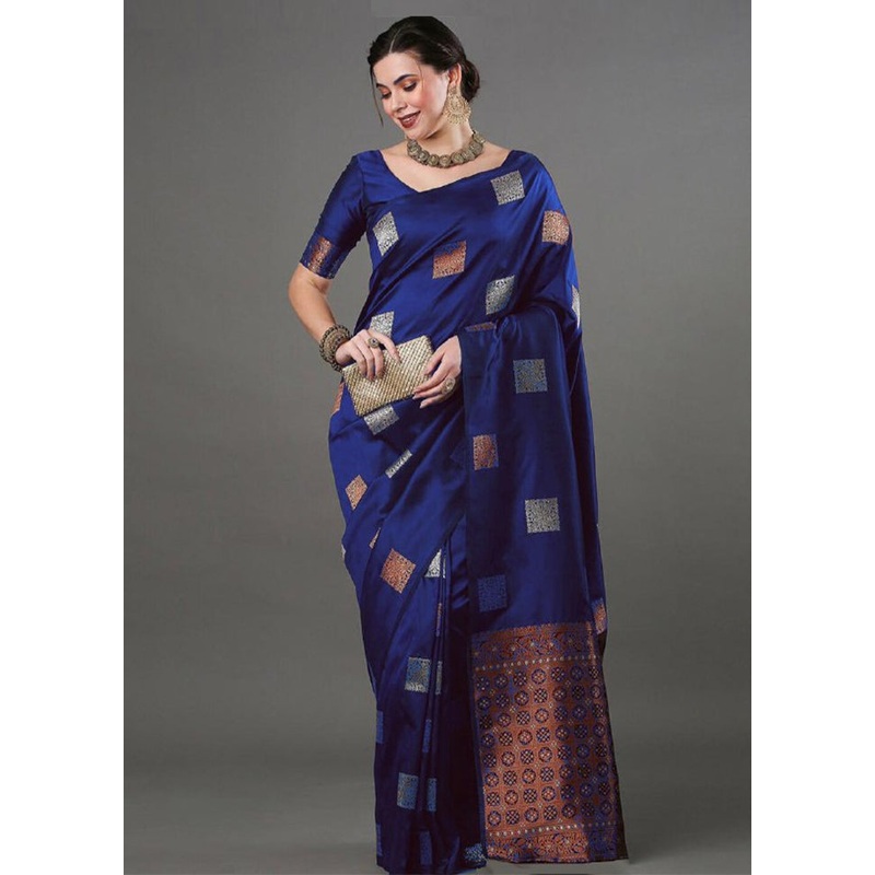 Blue Banarasi Silk Saree With Blouse Piece - JD986605205