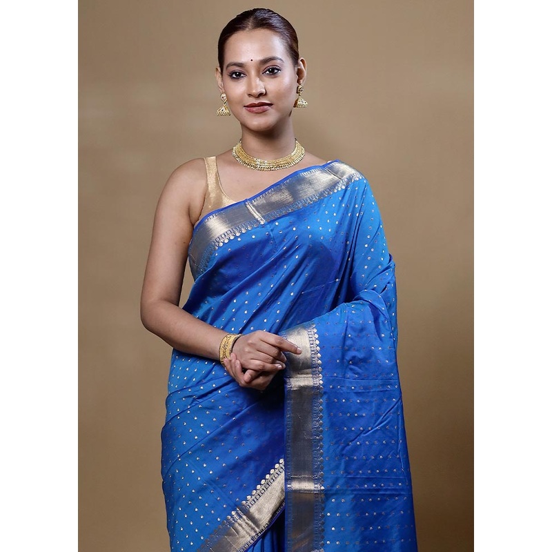 Blue Hazar Butti Kanjivaram Silk Saree With Blouse Piece - JD986605091