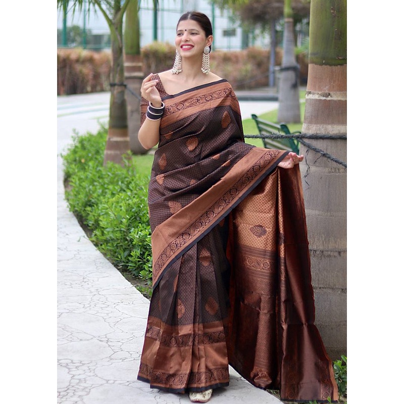 Brown Banarasi Silk Saree With Blouse Piece - JD986605195