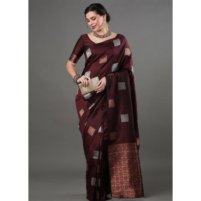 Brown Banarasi Silk Saree With Blouse Piece - JD986605197