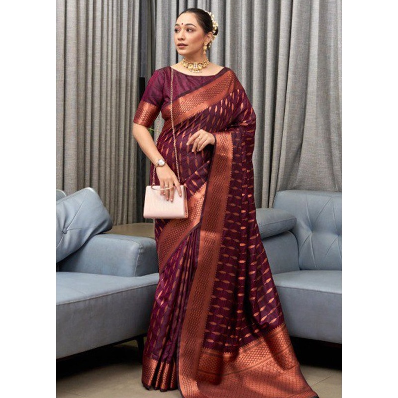 Burgundy Banarasi Silk Saree With Blouse Piece - JD986605193