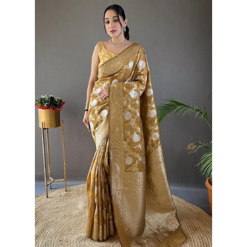 Chiku Banarasi Silk Saree With Blouse Piece - JD986605191