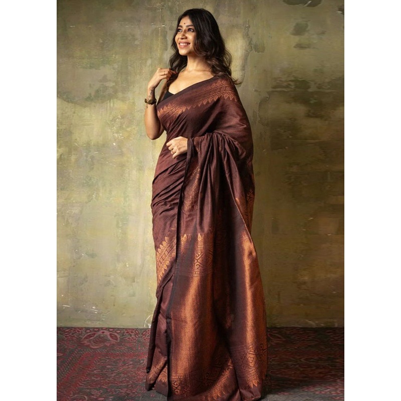 Coffee Banarasi Silk Saree With Blouse Piece - JD986605190