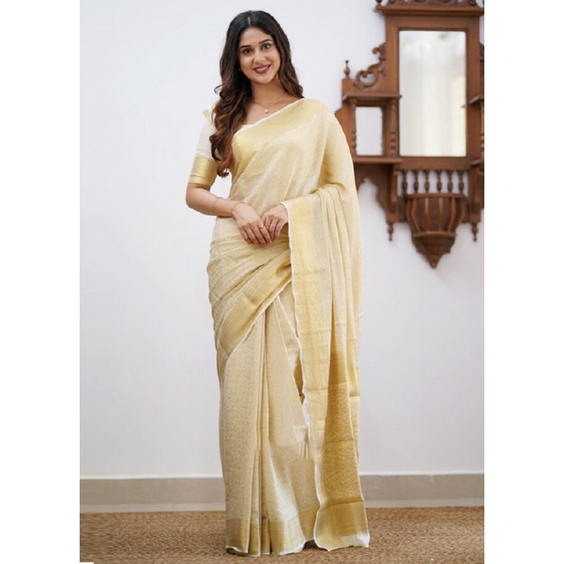 Cream Banarasi Silk Saree With Blouse Piece - JD986605189