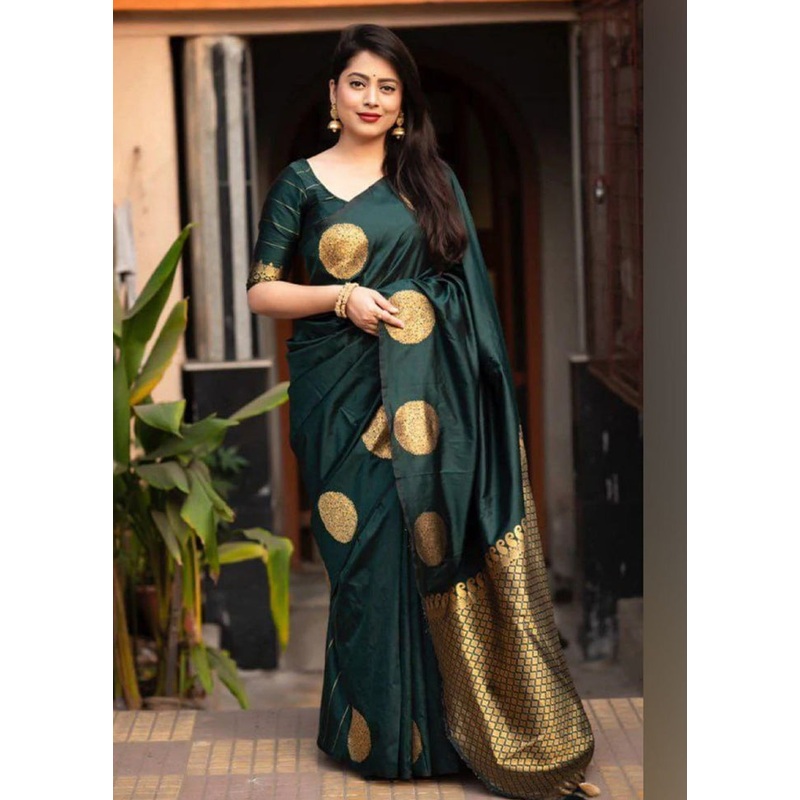 Dark Green Banarasi Silk Saree With Blouse Piece - JD986605187
