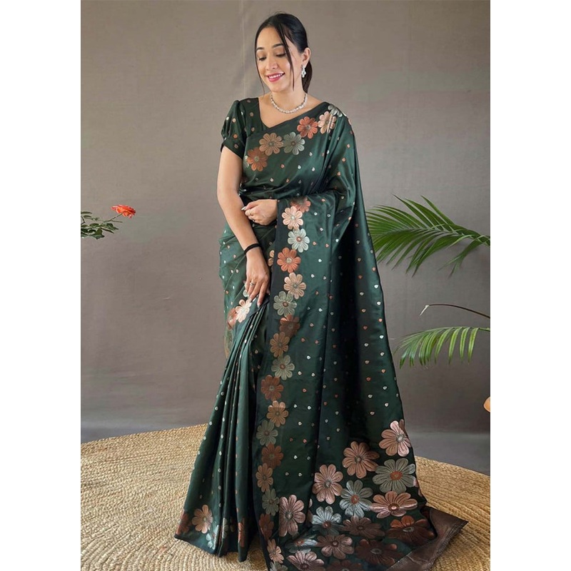 Dark Green Banarasi Silk Saree With Blouse Piece - JD986605188