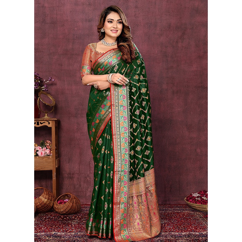Dark Green Dupion Silk Saree With Blouse Piece - JD986605180