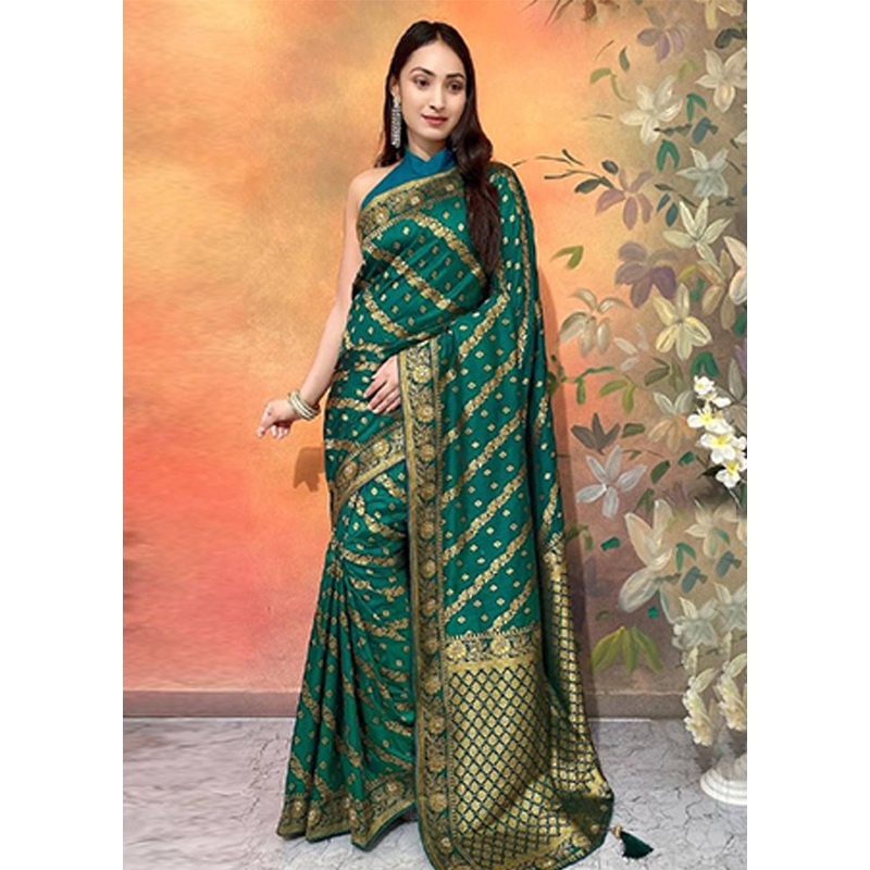 Dark Green Dupion Silk Saree With Blouse Piece - JD986605181