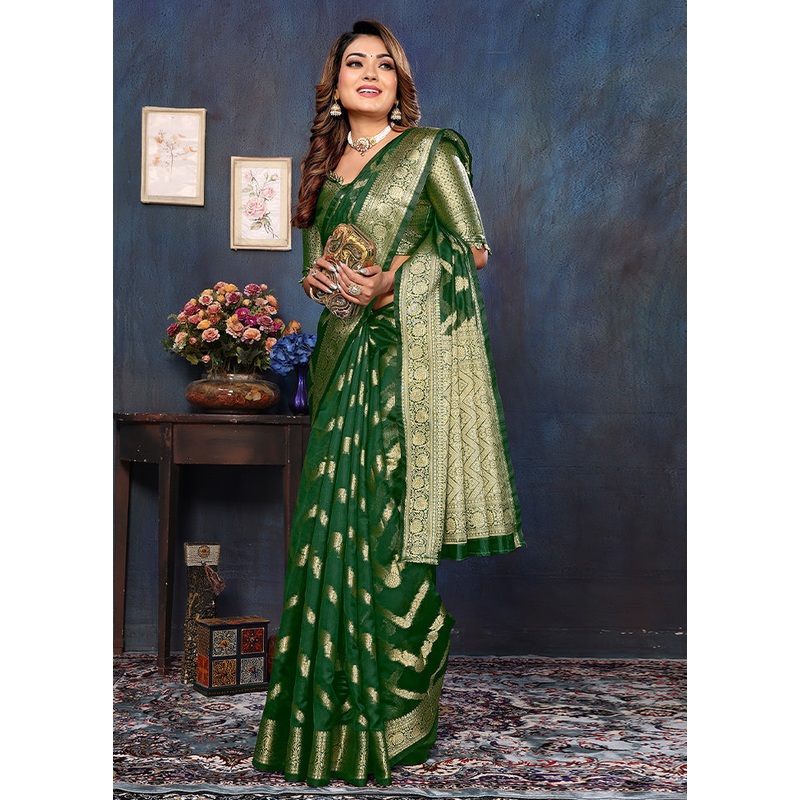 Dark Green Organza Saree With Blouse Piece - JD986605178